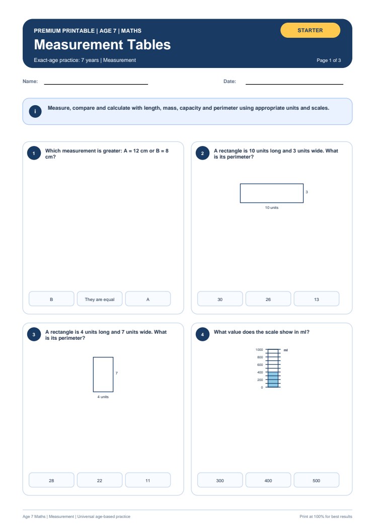 Measurement Tables worksheet preview