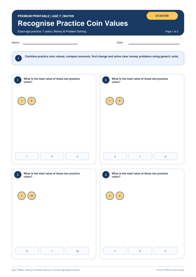 Recognise Practice Coin Values worksheet preview