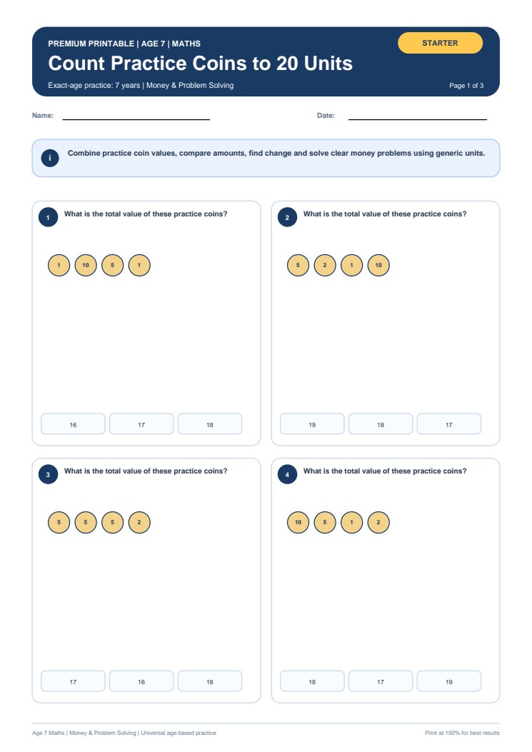 Count Practice Coins to 20 Units worksheet preview