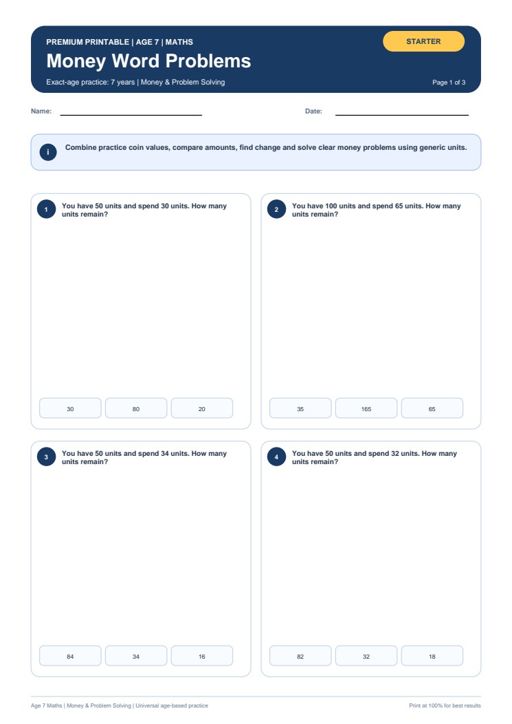 Money Word Problems worksheet preview