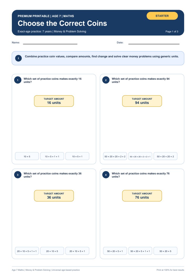 Choose the Correct Coins worksheet preview