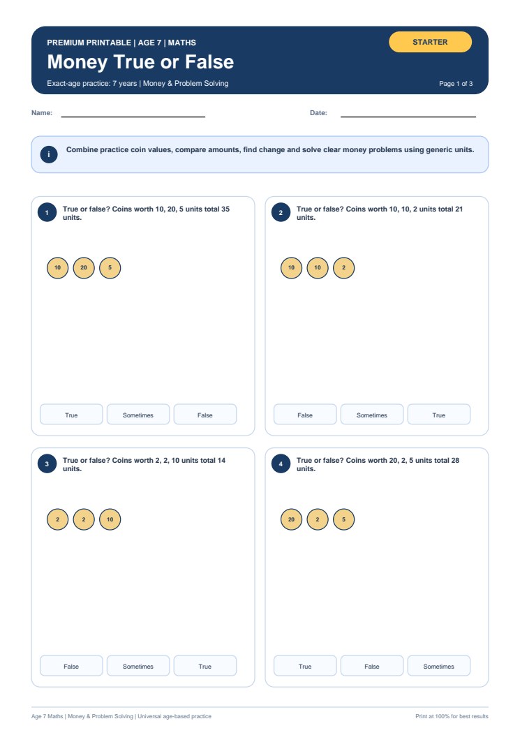 Money True or False worksheet preview