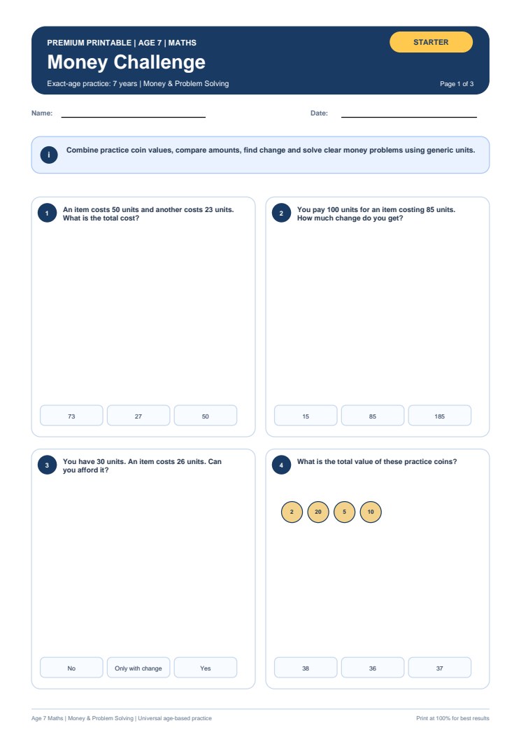Money Challenge worksheet preview