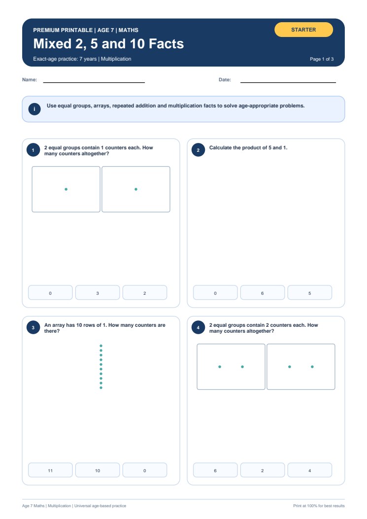 Mixed 2, 5 and 10 Facts worksheet preview