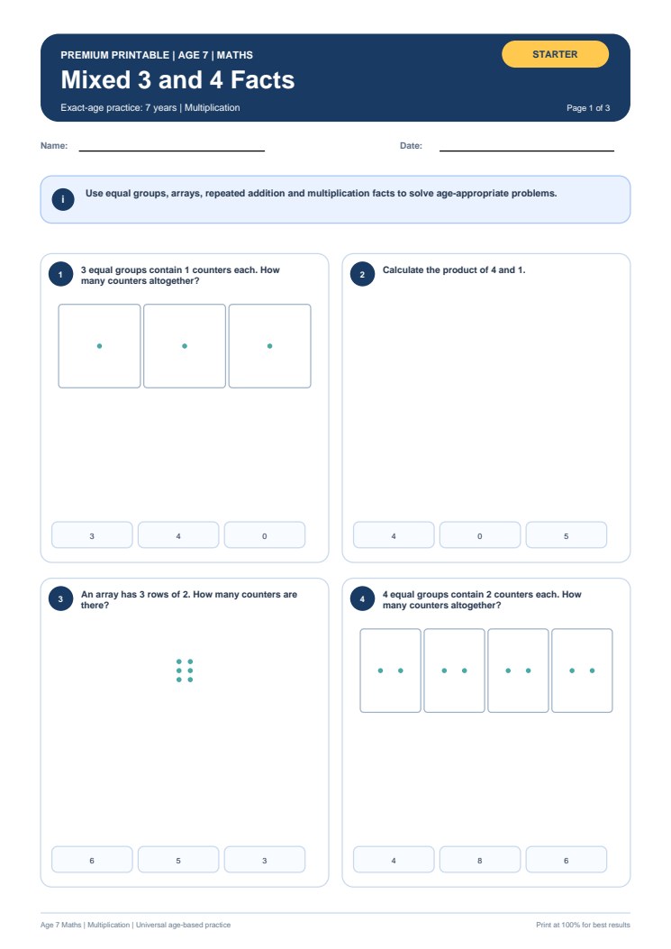 Mixed 3 and 4 Facts worksheet preview