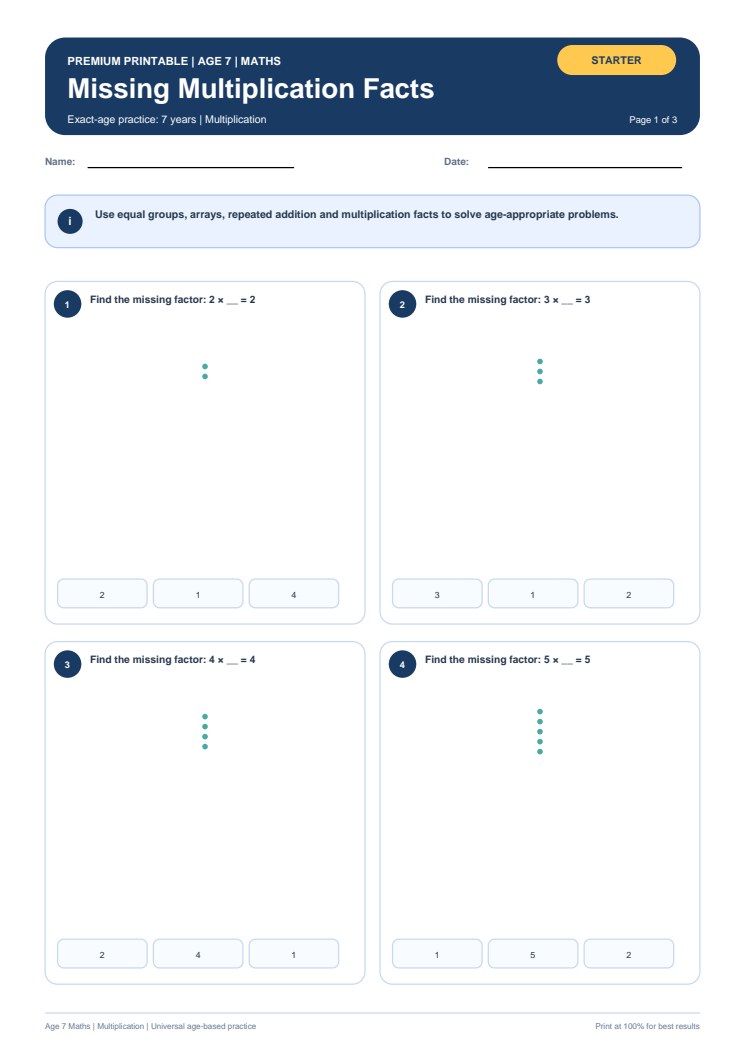 Missing Multiplication Facts worksheet preview