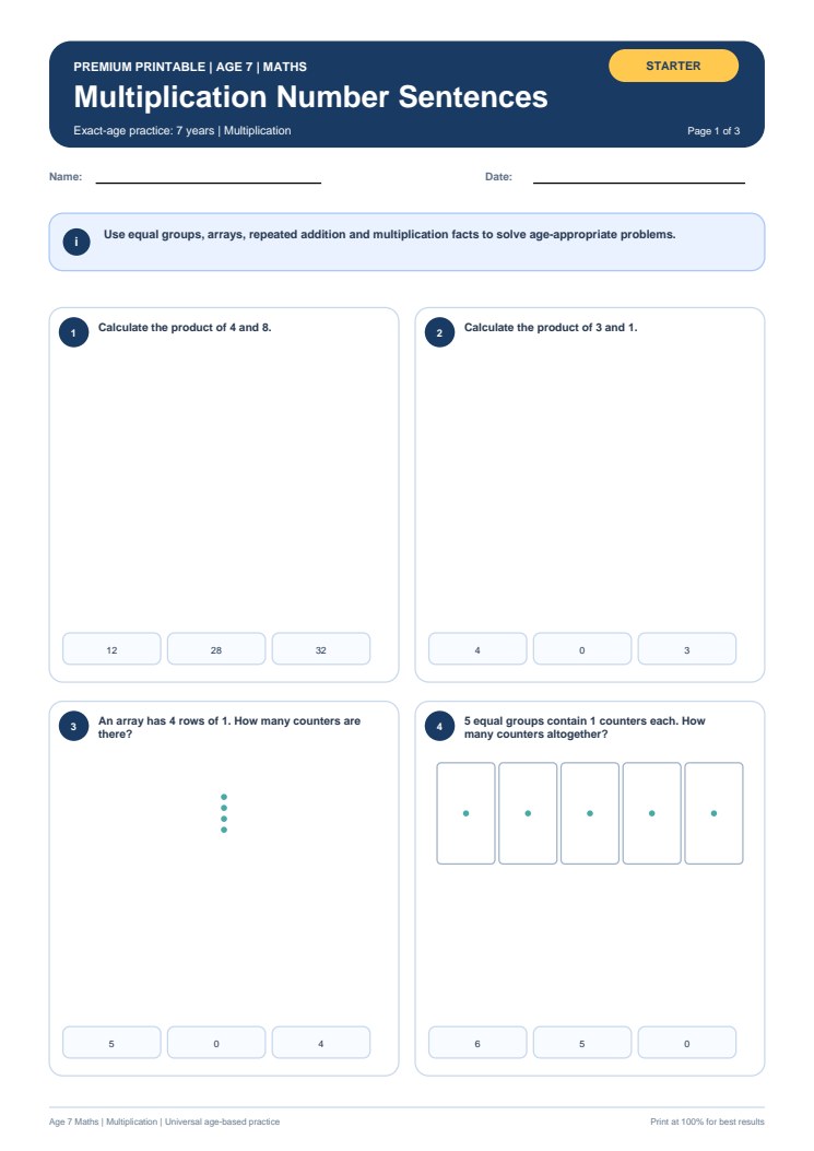 Multiplication Number Sentences worksheet preview
