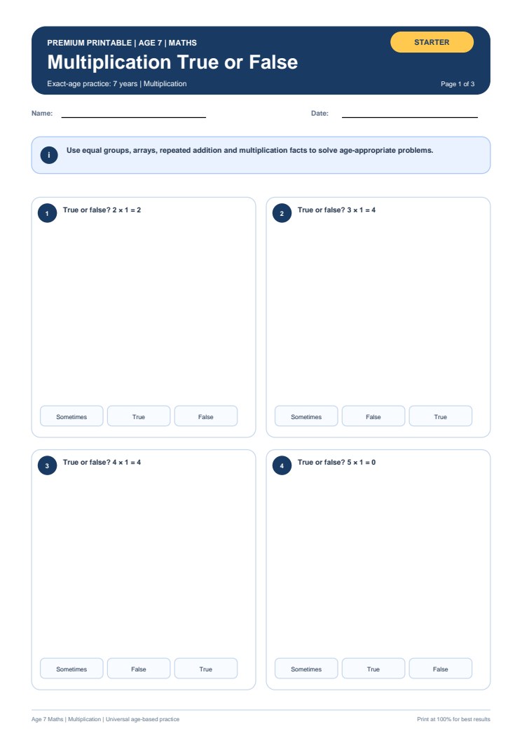 Multiplication True or False worksheet preview