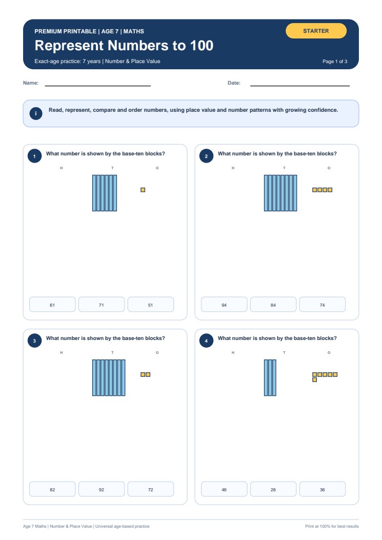 Represent Numbers to 100 worksheet preview