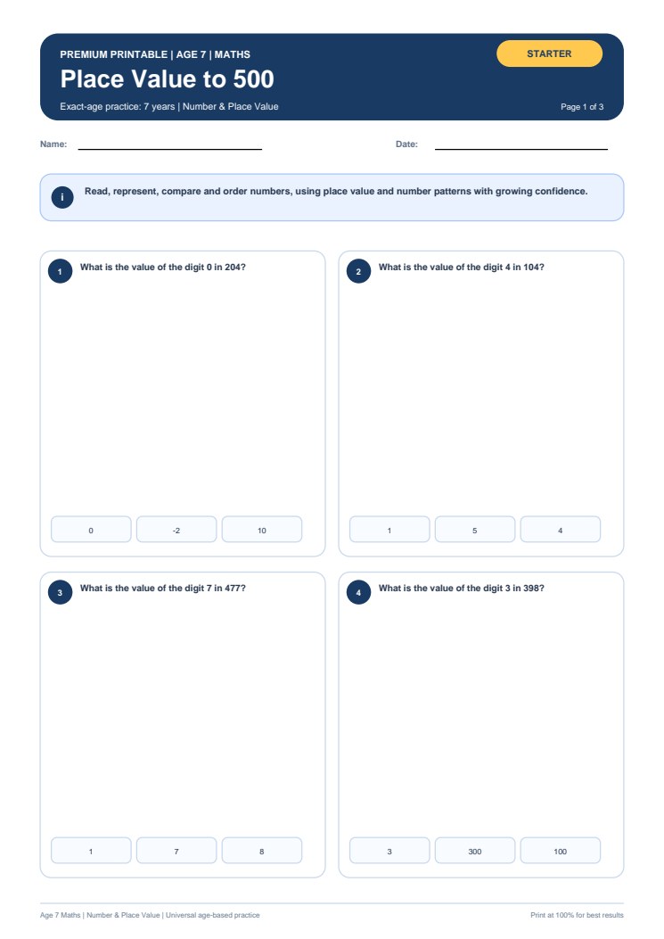 Place Value to 500 worksheet preview