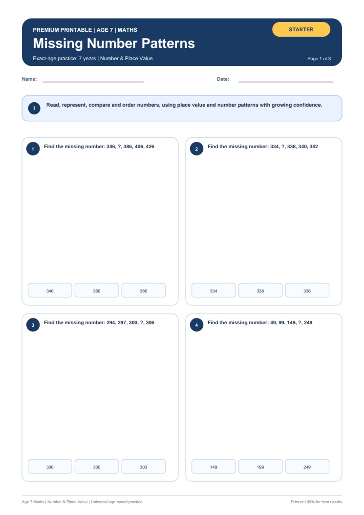 Missing Number Patterns worksheet preview