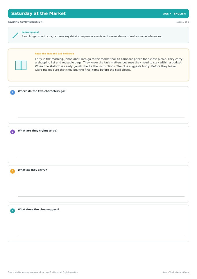 Saturday at the Market worksheet preview