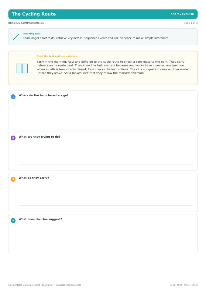 The Cycling Route worksheet preview