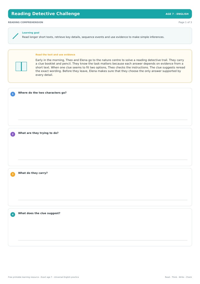 Reading Detective Challenge worksheet preview