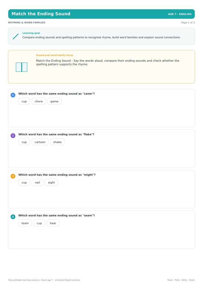 Match the Ending Sound worksheet preview