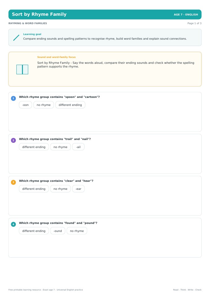 Sort by Rhyme Family worksheet preview