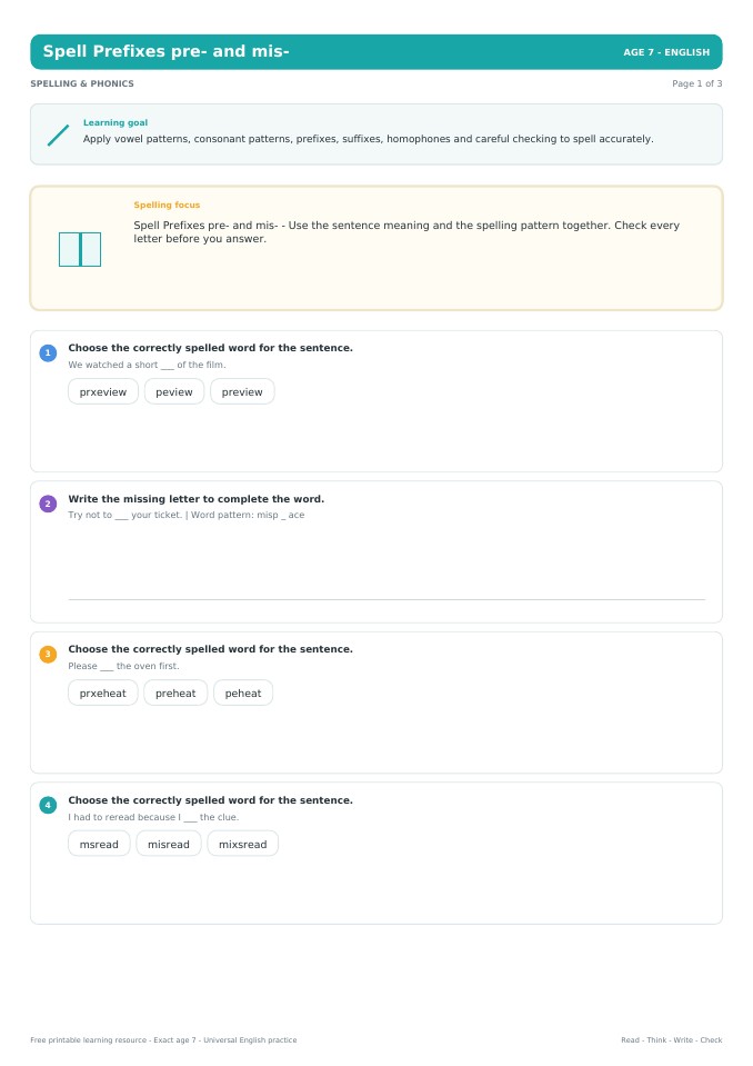 Spell Prefixes pre- and mis- worksheet preview