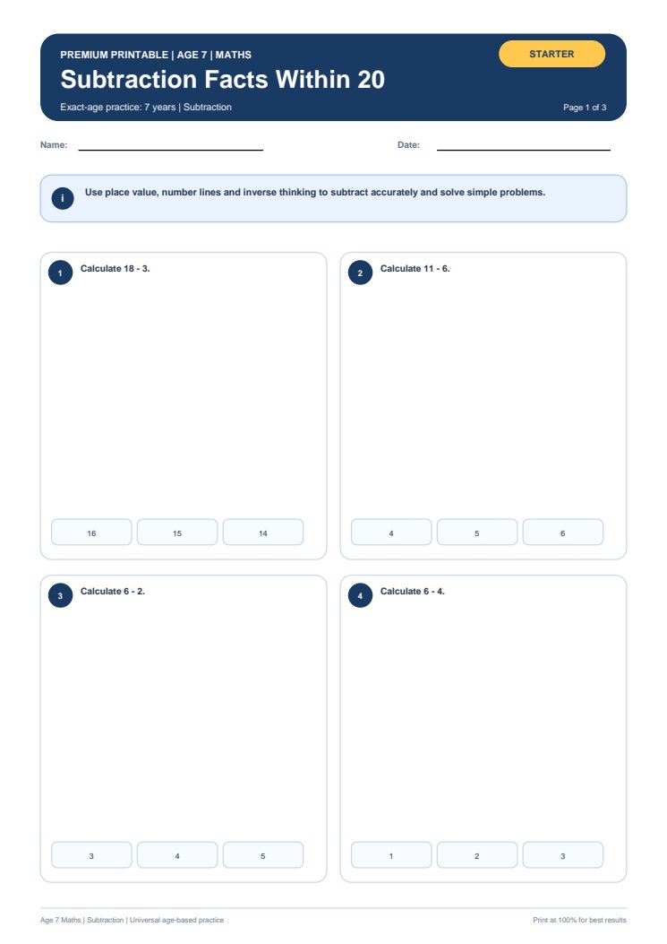 Subtraction Facts Within 20 worksheet preview