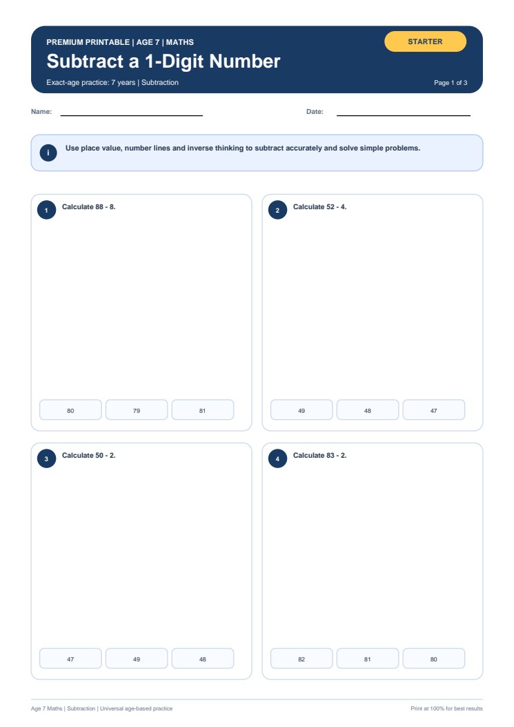 Subtract a 1-Digit Number worksheet preview