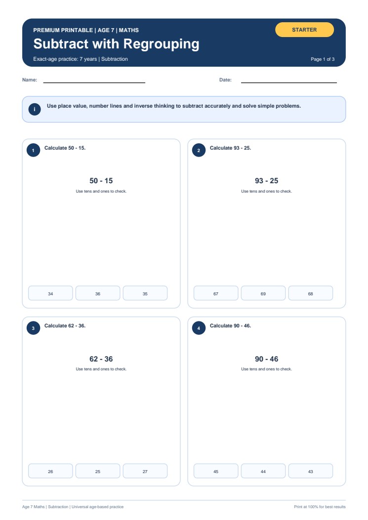 Subtract with Regrouping worksheet preview