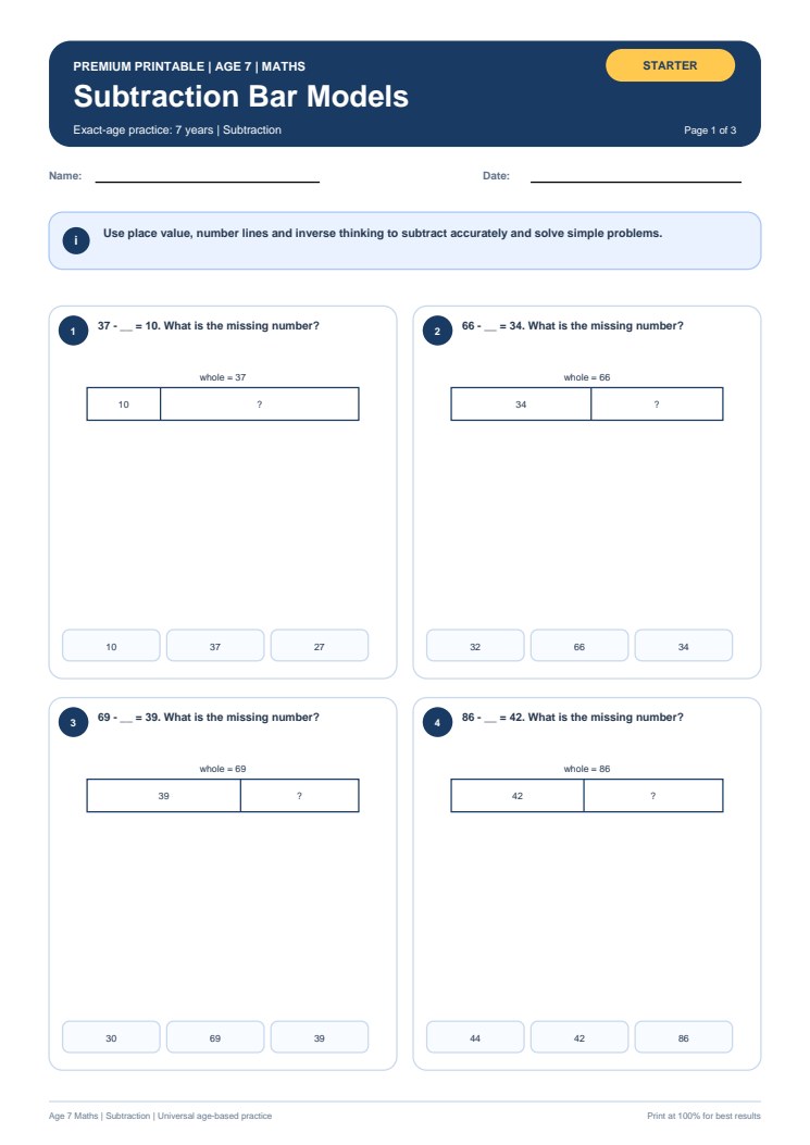 Subtraction Bar Models worksheet preview