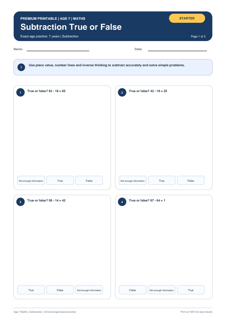 Subtraction True or False worksheet preview