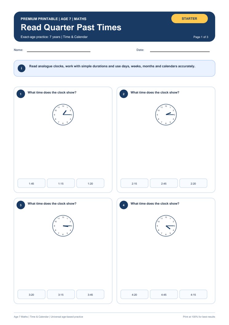 Read Quarter Past Times worksheet preview