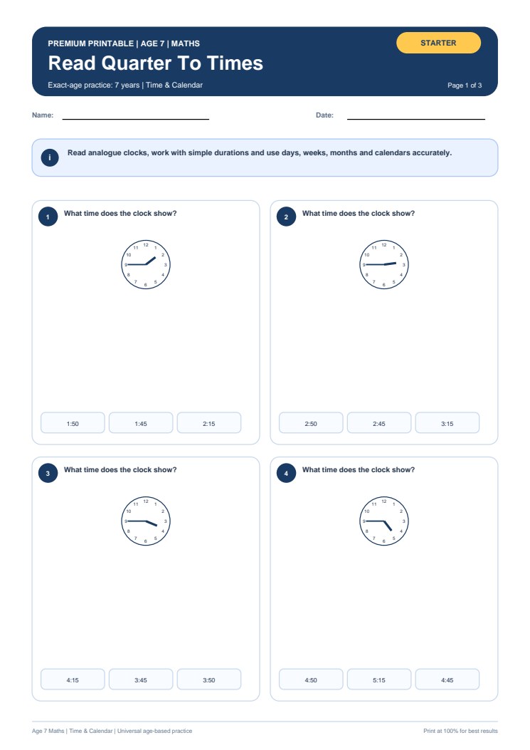 Read Quarter To Times worksheet preview