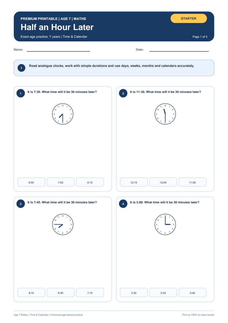 Half an Hour Later worksheet preview
