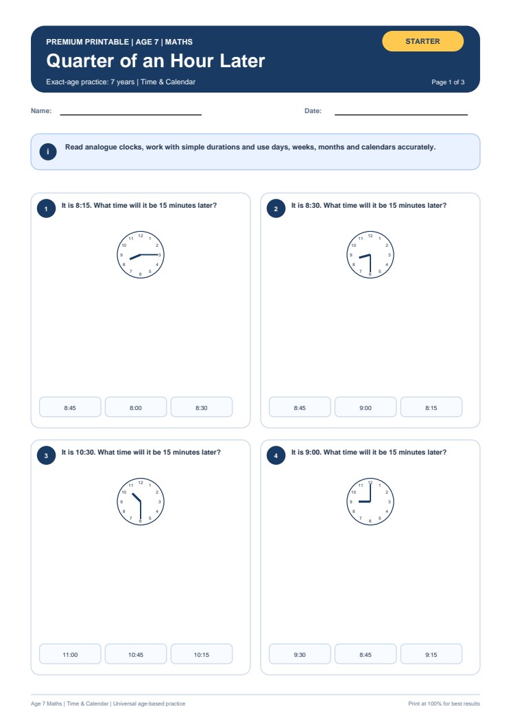 Quarter of an Hour Later worksheet preview