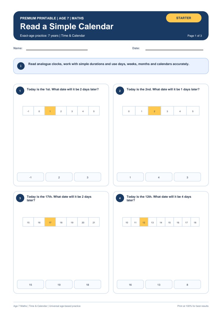 Read a Simple Calendar worksheet preview