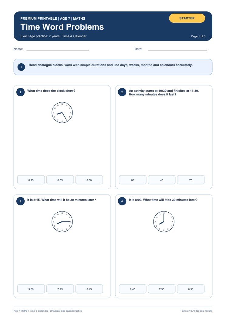 Time Word Problems worksheet preview