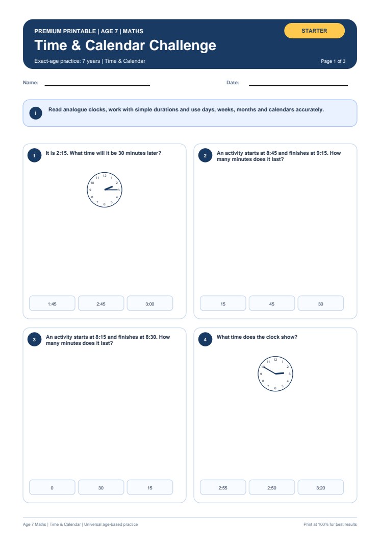 Time & Calendar Challenge worksheet preview
