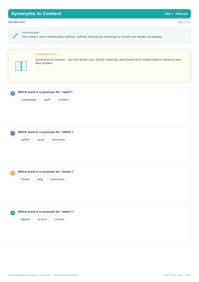 Synonyms in Context worksheet preview