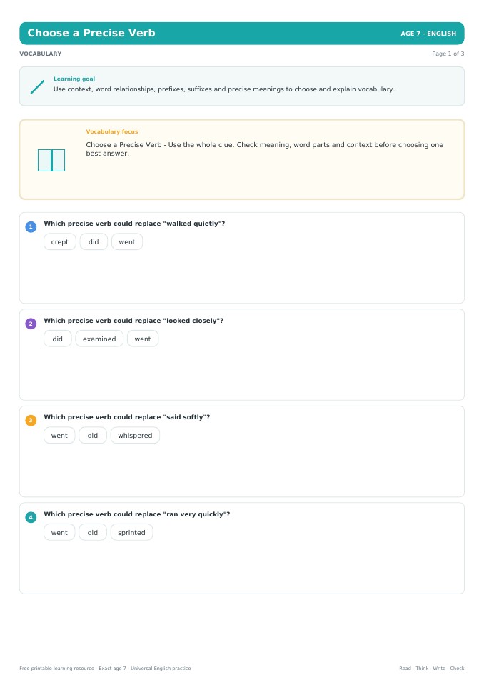 Choose a Precise Verb worksheet preview