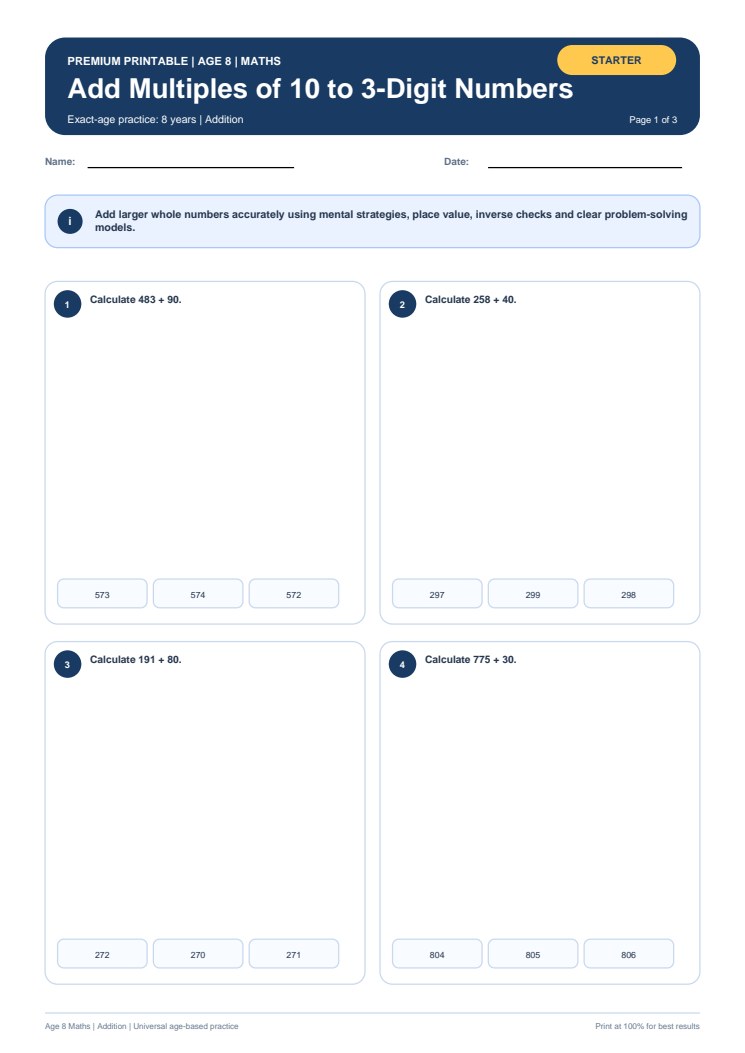 Add Multiples of 10 to 3-Digit Numbers worksheet preview