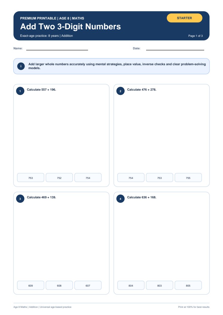 Add Two 3-Digit Numbers worksheet preview