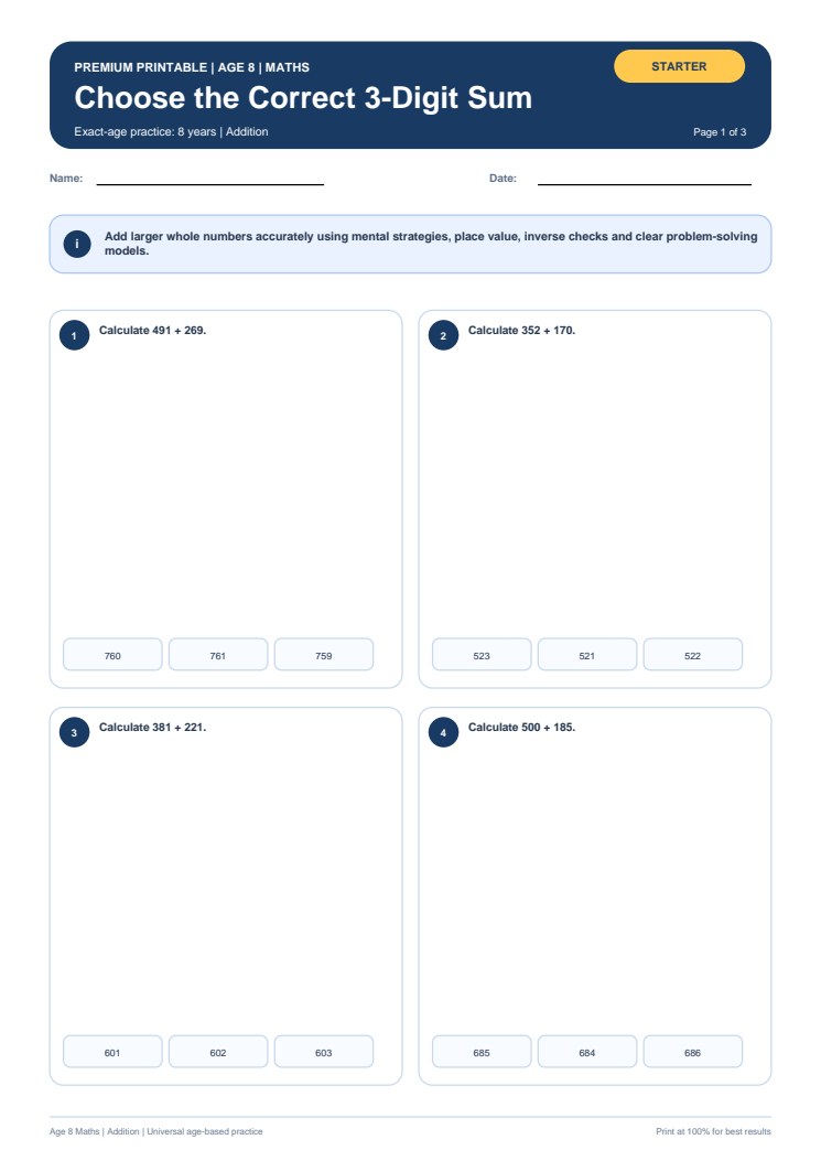 Choose the Correct 3-Digit Sum worksheet preview