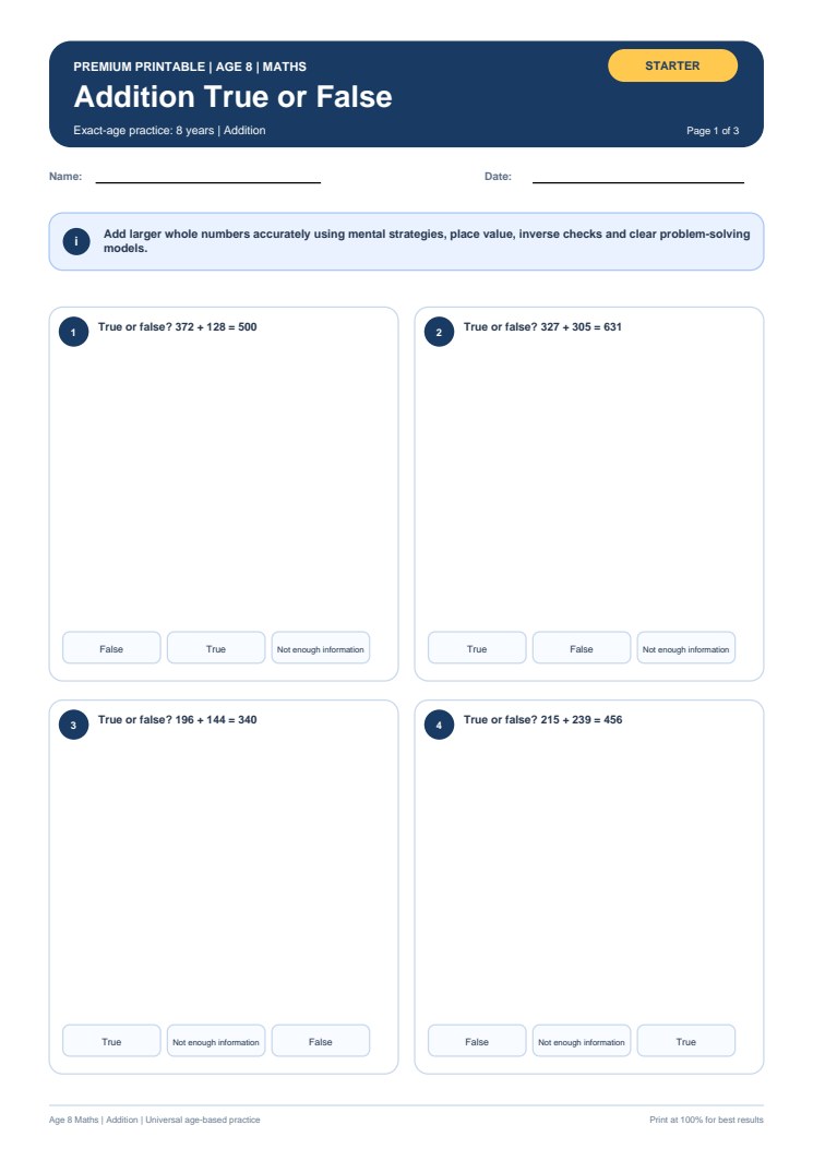 Addition True or False worksheet preview