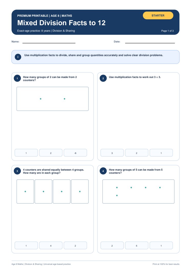Mixed Division Facts to 12 worksheet preview