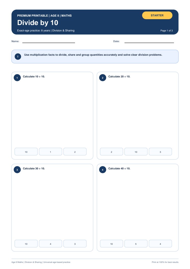 Divide by 10 worksheet preview
