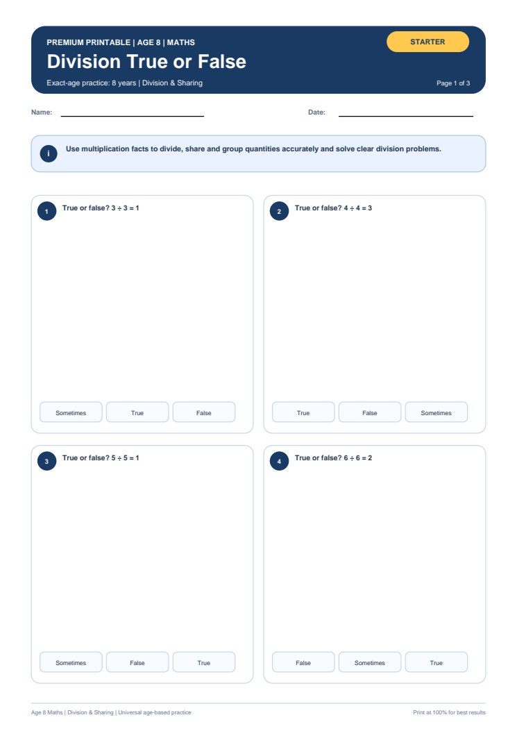 Division True or False worksheet preview