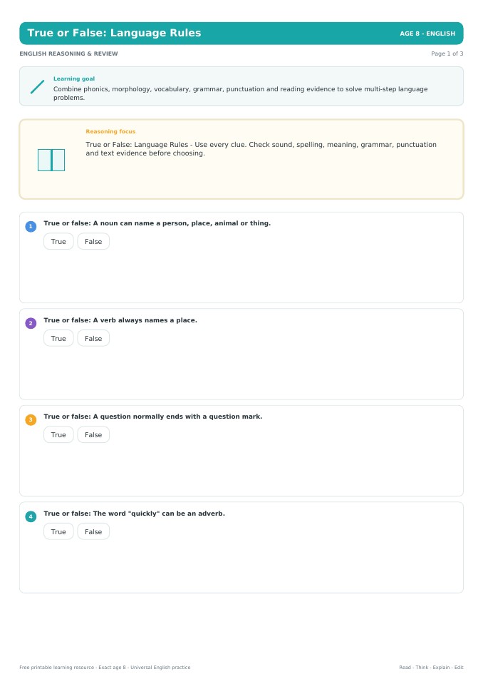 True or False: Language Rules worksheet preview