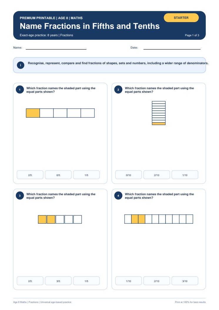 Name Fractions in Fifths and Tenths worksheet preview