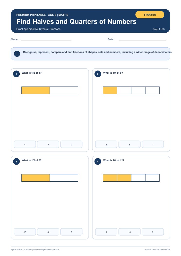 Find Halves and Quarters of Numbers worksheet preview