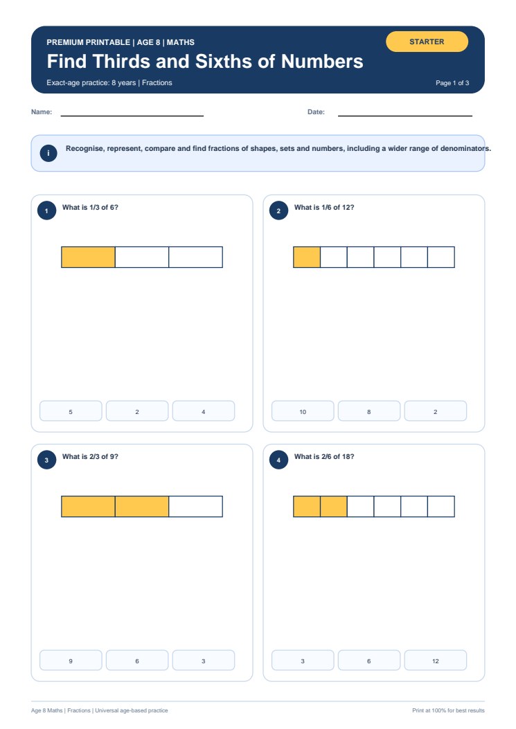 Find Thirds and Sixths of Numbers worksheet preview