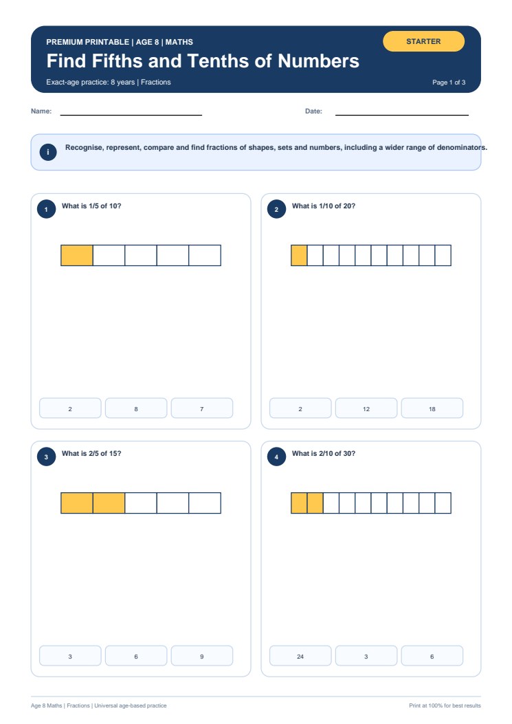 Find Fifths and Tenths of Numbers worksheet preview