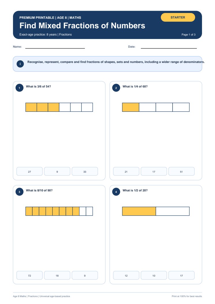 Find Mixed Fractions of Numbers worksheet preview