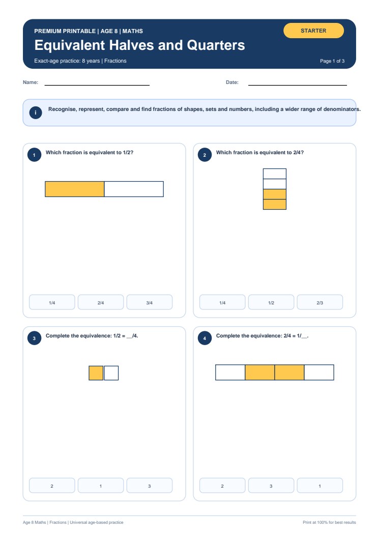 Equivalent Halves and Quarters worksheet preview