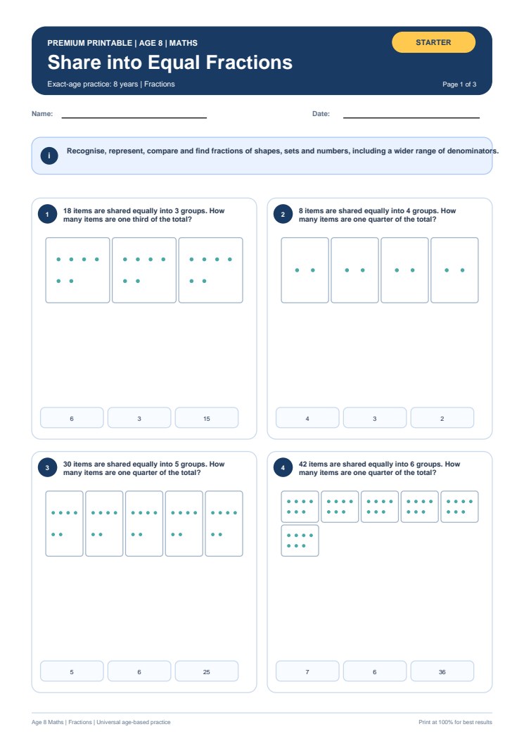 Share into Equal Fractions worksheet preview